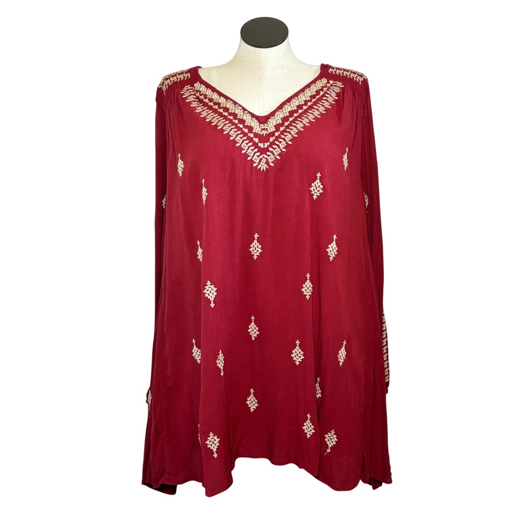 Embroidered V-Neck Tunic Dress Red Burgundy Long Sleeve Oversized Large Pockets